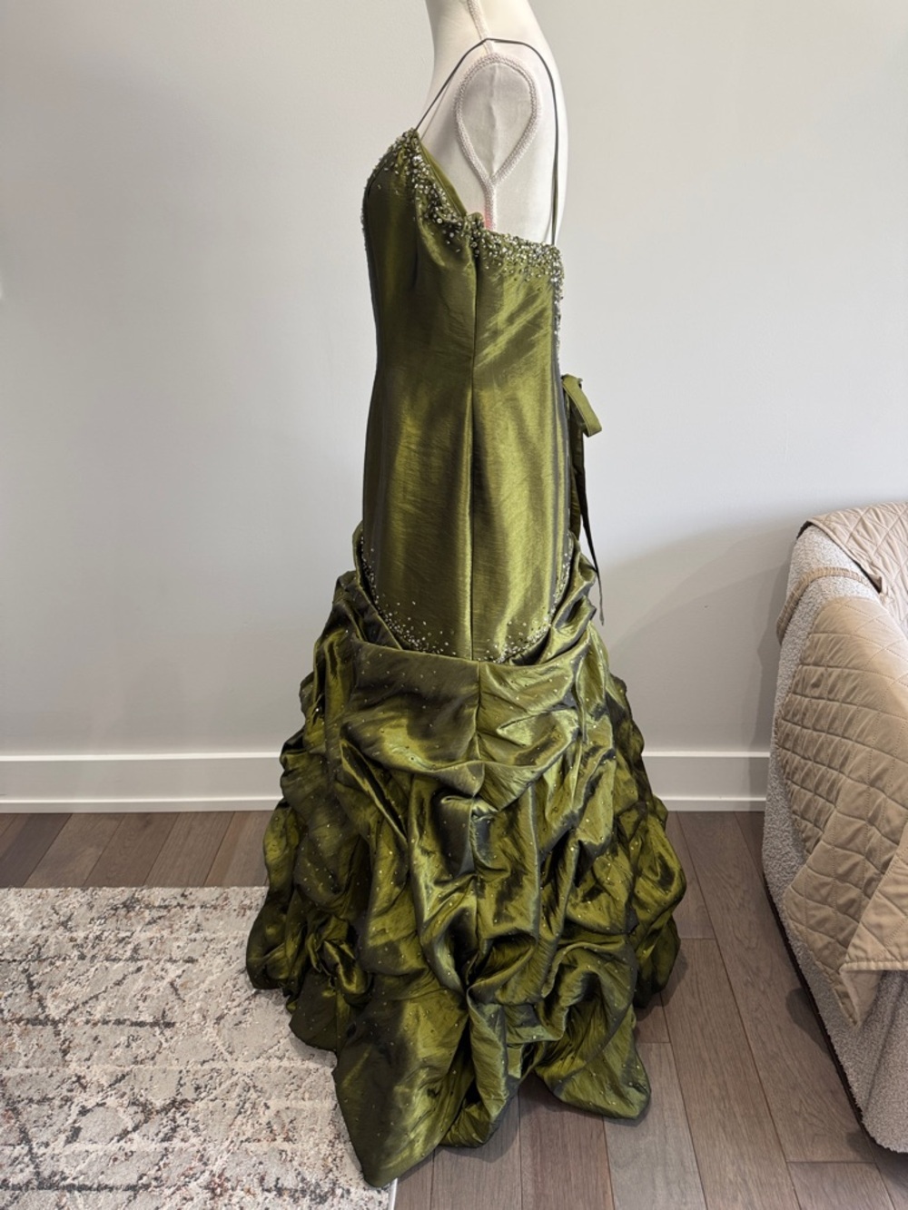 Y2K Olive Green Ball Gown Silver Gem Formal Dress Maggie Sottero - Picture 4 of 10